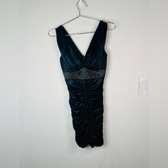 Pompous Girly Black Satin Ruched Bodycon Mini Dress Sz Small Embellished Waist - Picture 1 of 10